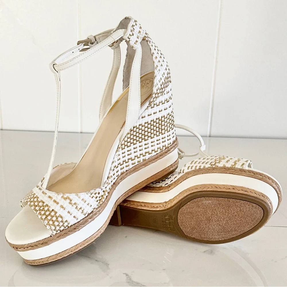 Guess Gace Platform Wedge Sandal 10 Metallic Gold and White Woven T-Straps